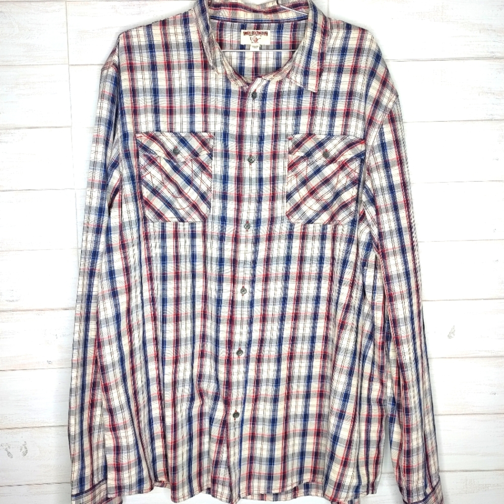 Mens True Religion Plaid Shirt Long Sleeve Button Front Size 2XL Cotton